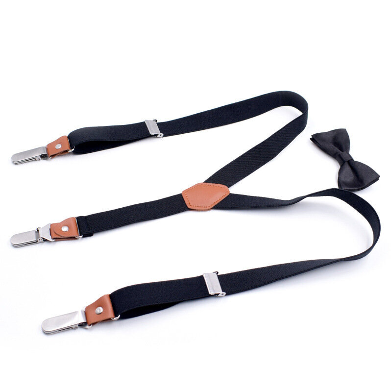 2.5x110cm Solid Bow Tie Suspenders Set para Homens Mulheres 3 Clip Leather Suspensorio Adulto Bowtie Suspensórios para Calças Marinha Com Caixa