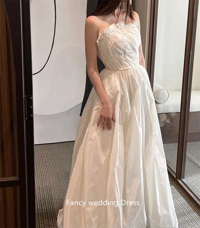 Fancy Simple Elegant A Line Taffeta Wedding Dresses Korea Draped Corset Back Floor Length Princess Bridal Gowns Custom Made