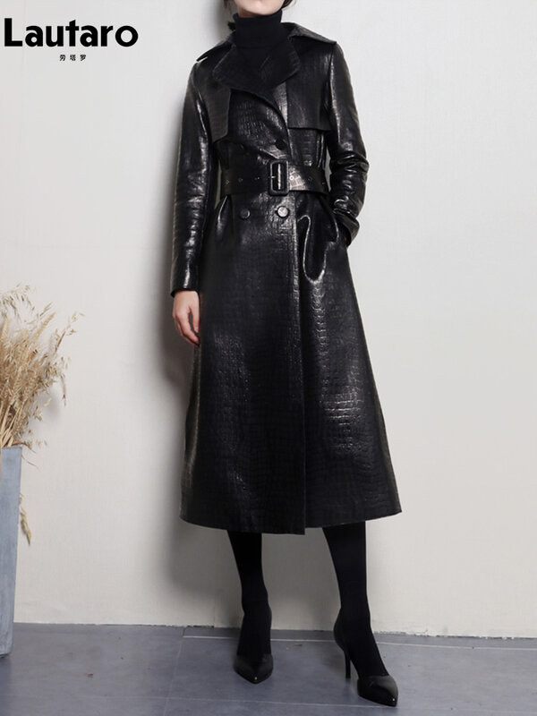 Lautaro-casaco de couro sintético reflexivo para mulheres, longo, brilhante, peito duplo, roupas de grife de luxo, cinto, outono, 2023