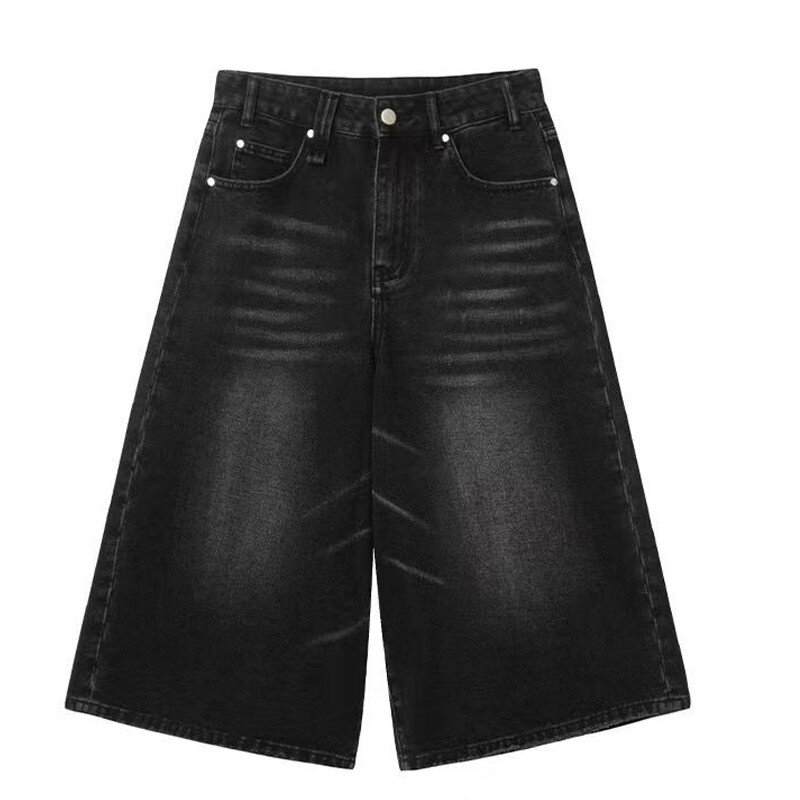 Pantalones cortos vaqueros de pernera ancha para hombre, shorts de cintura alta, diseño de siete, holgados, rectos, lavados, color negro, verano, 2023