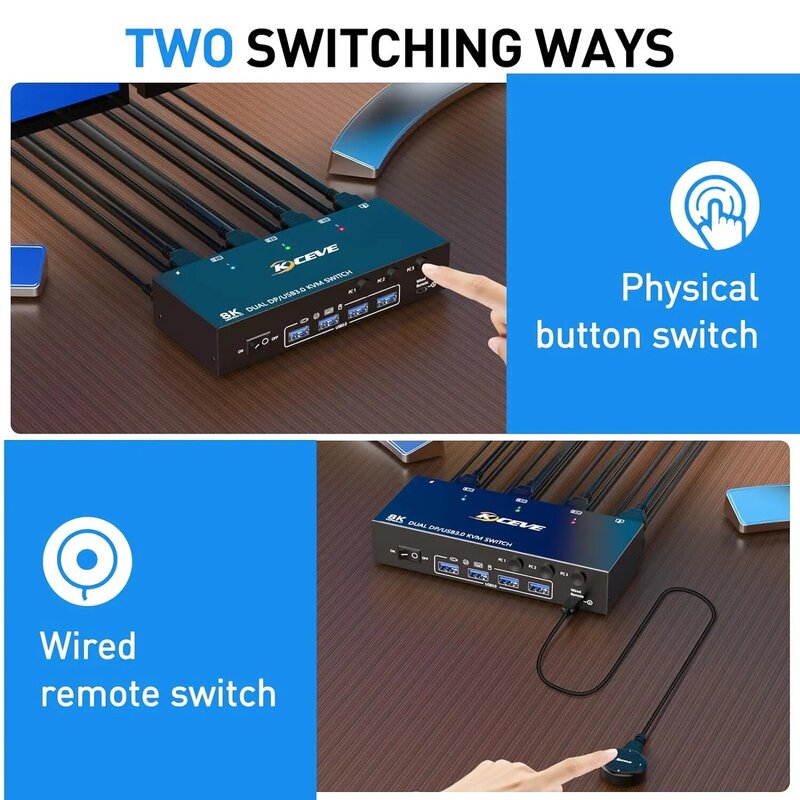Dual-Monitor-KVM-Switch,USB 3,0 Displayport-KVM-Switch 2 Monitore 3,0 Computer 8k, Computer teilen sich 2 Monitore und 4 USB