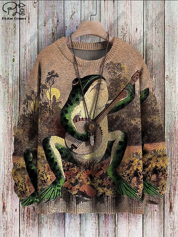 PLstar Cosmos new 3D printed animal series frog musician ugly sweater street casual winter sweater