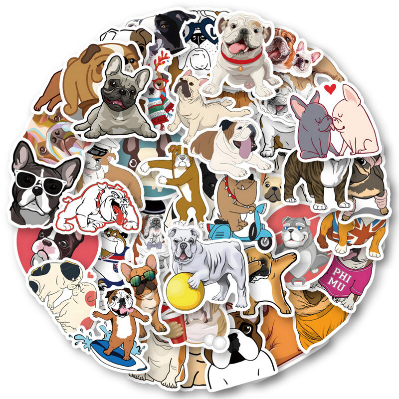 Bonito Bulldog adesivos dos desenhos animados, DIY, laptop, Scrapbook, telefone, impermeável Graffiti Decal, Kids Animal Dog Sticker Packs, 10 pcs, 30 pcs, 50 pcs, 100pcs