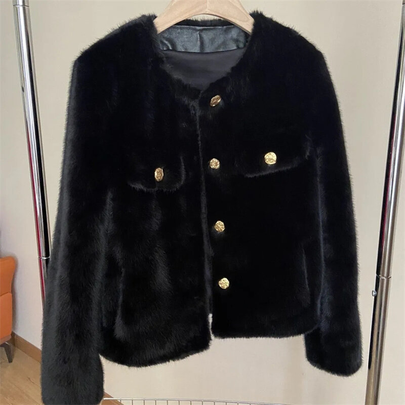 Mode mantel bulu cerpelai imitasi hitam wanita 2023 jaket musim gugur musim dingin baru pendek satu baris mantel bulu wanita atasan pakaian luar