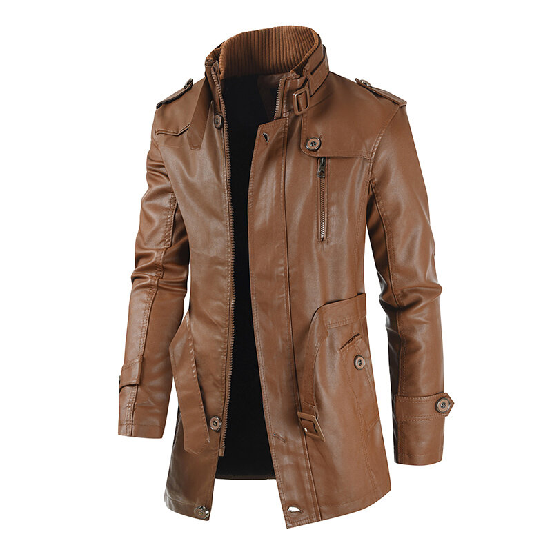 Winter Men's Thick Fleece Leather Jacket Coat Long Outwear Fashion Warm Casual Vintage Clothing for Men Steampunk Biker Jaqueta