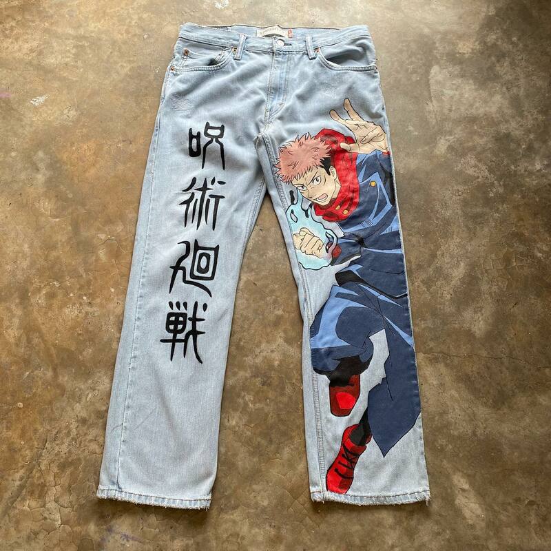 Джинсы Y2K мужские и женские с широкими штанинами, уличная одежда из искусственной кожи с рисунком аниме в стиле Харадзюку, джинсы с высокой талией в японском стиле