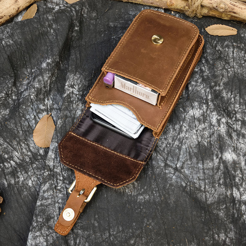 Real Leather men Casual Small Waist Bag Cowhide Fashion Hook Bag Waist Belt Pack Cigarette Case 5.5" Phone Pouch