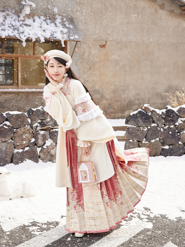 Pluszowa i ciepła kwadratowa podwójna jednorzędowa koszula z dekoltem, spódnica końska, dynastia Ming Hanfu, damska zima