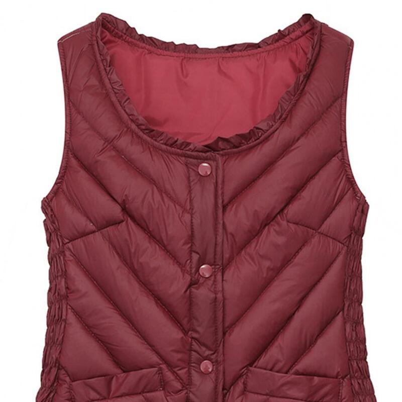 Colete feminino de peito único com decote em U, jaqueta leve, acolchoado luxuoso, design elegante para aquecimento, outono e inverno