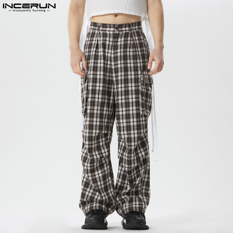 INCERUN-Pantalones largos de estilo americano para hombre, pantalón a cuadros con bolsillos, Cargo, informales, ajustados, superventas, S-5XL, 2024
