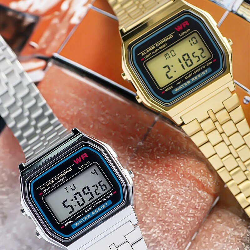 Роскошные часы со стальным ремешком F91W, ретро светодиодные цифровые спортивные военные часы, электронные наручные часы с ремешком для женщин и мужчин