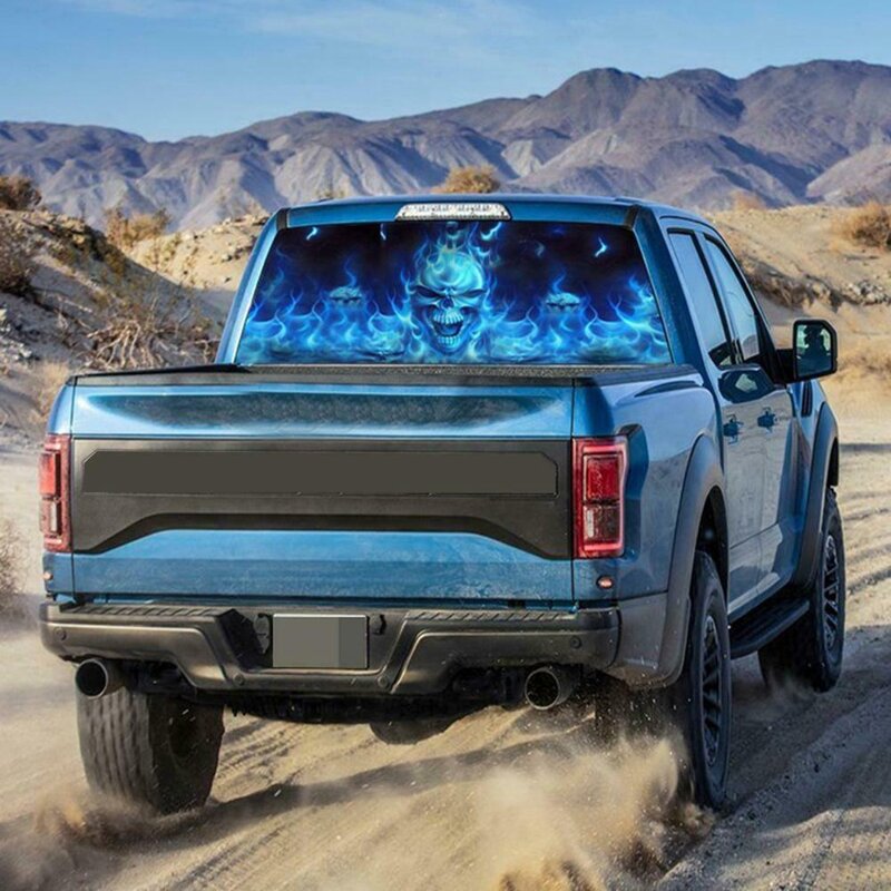 One Way Vision for Truck Suv Pickup Blue Flaming Skull 3D Rear Windshield Decal Sticker Decor Rear Window Glass Poster