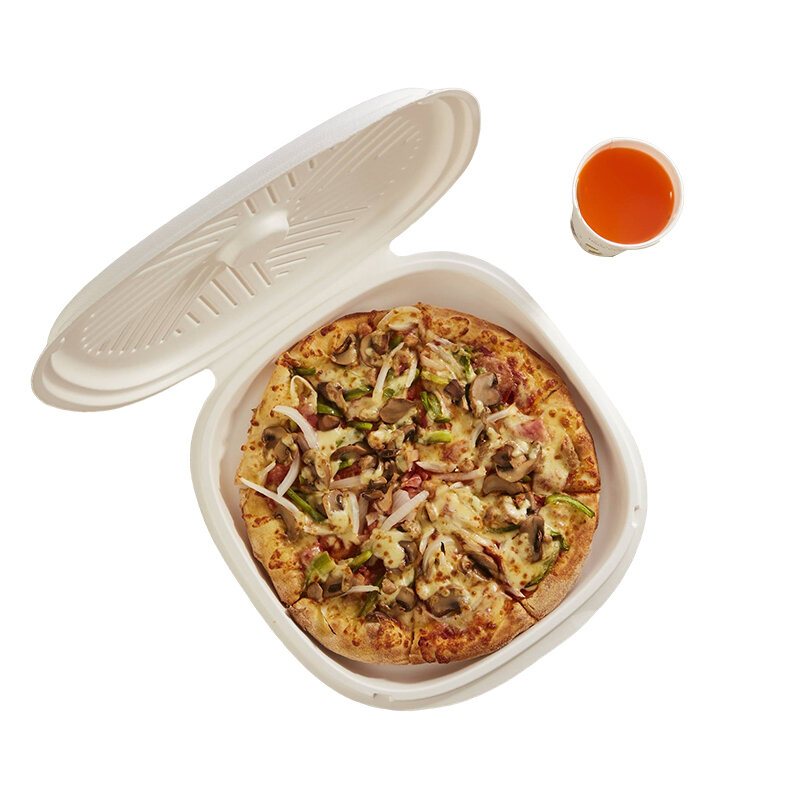 Caixa de pizza redonda com tampa, biodegradável, comestível, para levar, à prova de óleo, bagaço de cana, produto personalizado, atacado