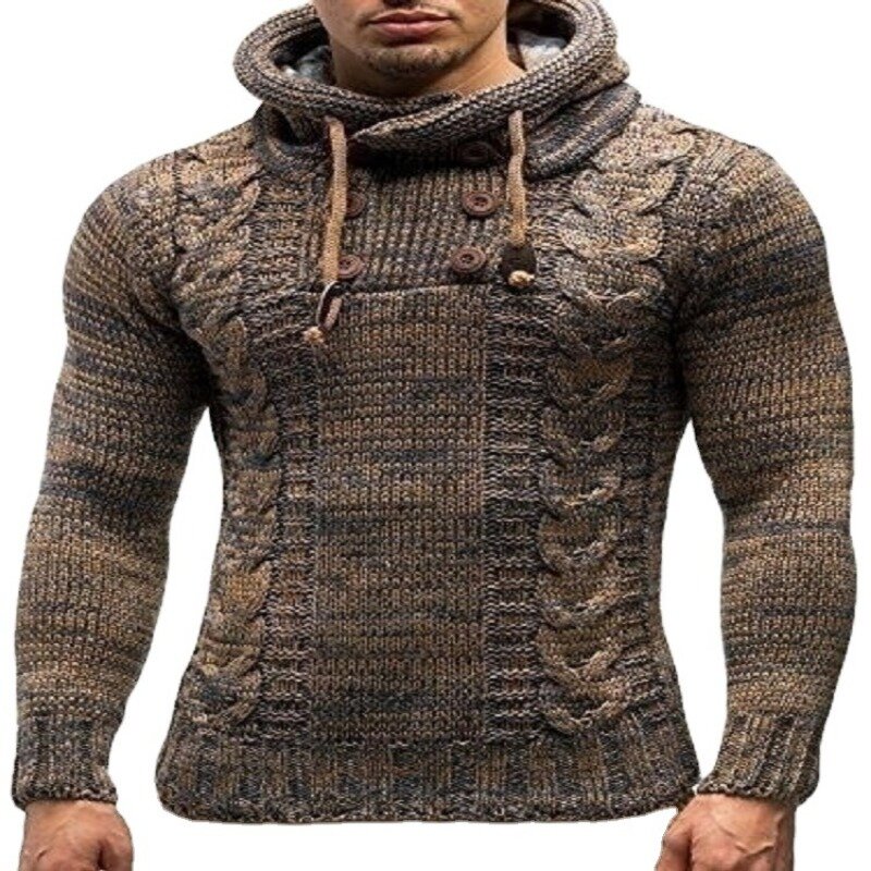 2023 Autumn and Winter New Sweater Men's Slim Fit High Neck Hooded Pullover Large Knitted Warm Sweater  Men Clothing