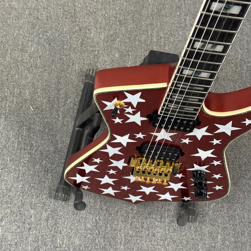 Guitarra eléctrica de cinco estrellas, instrumento musical de color rojo dorado, con 6 cuerdas incrustadas, HH Pickup, disponible en fábrica