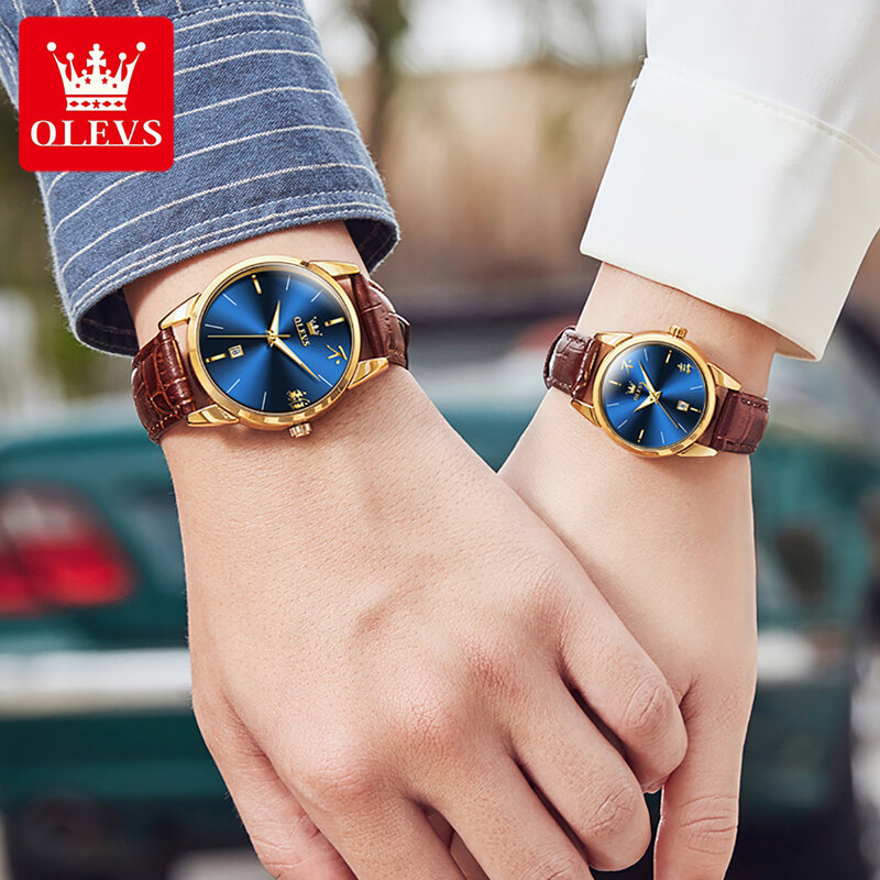 OLEVS-Relógio de quartzo para casal, pulseira de couro, display chinês, mostrador simples, impermeável, relógios de pulso luminosos, moda
