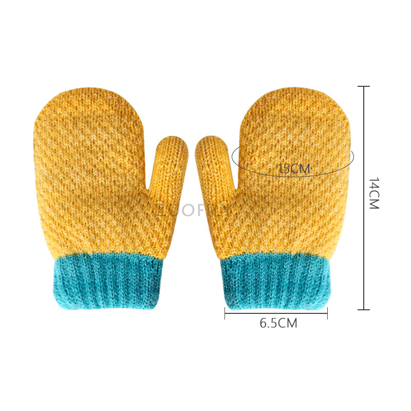 0-3Years Gloves Winter Solid Thicken Plus Velvet Halter Gloves for Kids Toddler Outdoor Keep Warm Knitted Mittens with Rope