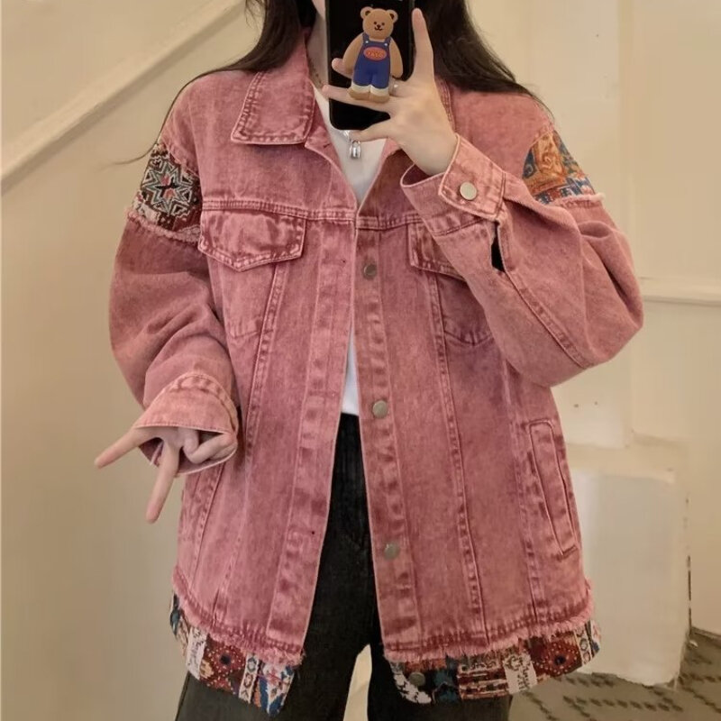 Denim Jackets Women American Retro High Street Patchwork Contrast Color Turn-down Collar Multi Pockets All-match Autumn Outwear