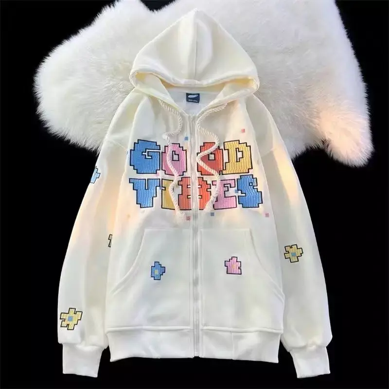 American vintage color letter hoodies women new korean style slouchy loose sweatshirt harajuku goth tops grunge y2k clothes