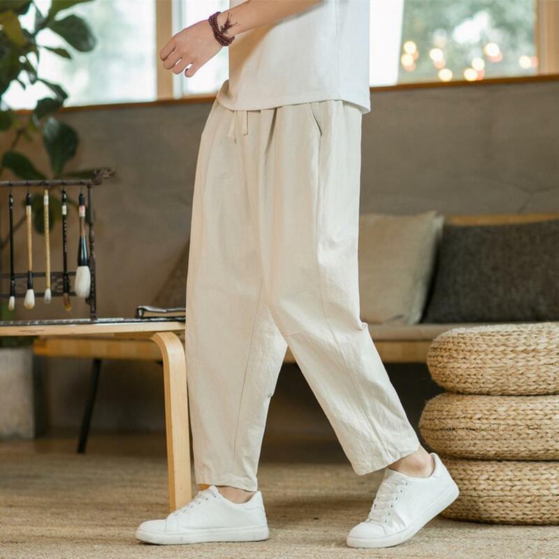 Men Solid Color Trousers Men's Loose Straight Drawstring Ninth Pants with Elastic Waist Pockets Solid Color Breathable for Daily