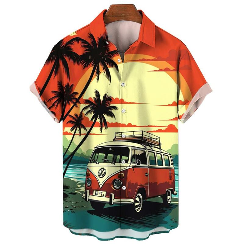 เสื้อพิมพ์ลายชายหาดต้นมะพร้าวเสื้อเชิ้ตผู้ชายสไตล์ฮาวายเสื้อแขนสั้นสำหรับวันหยุดฤดูร้อนแฟชั่น3D มีปกติดกระดุม