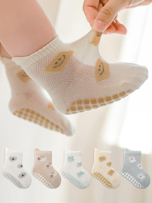 3Pairs Baby Summer Socks Thin Cotton Toddler Indoor Non-slip Socks Infant Cute Cartoon Breathable Mesh Kids Anti Slip Floor Sock