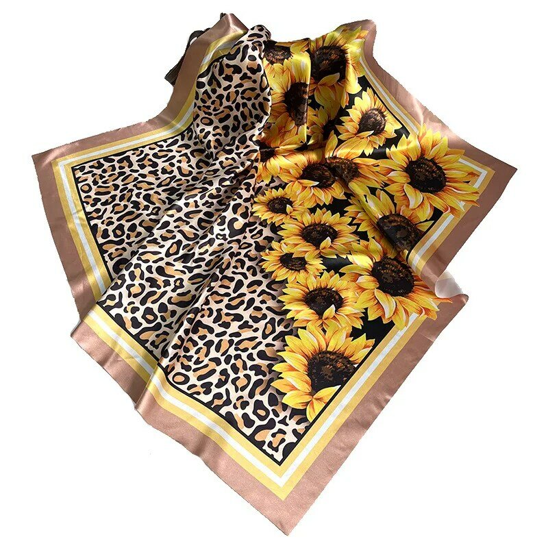 Bufanda de seda de Diseño de Moda Americana, costura de leopardo y girasol, elemento americano, toalla cuadrada grande
