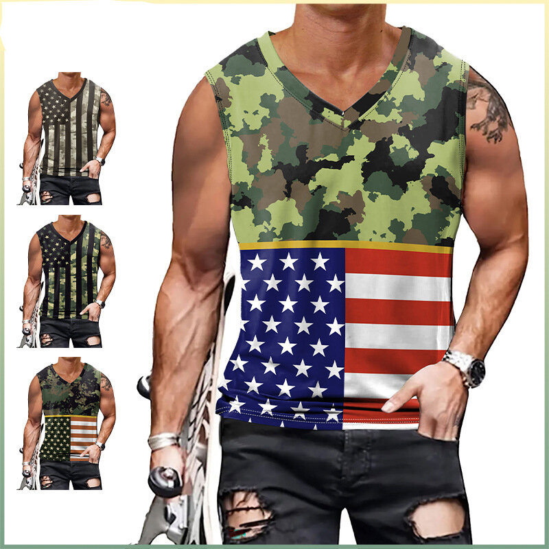 2024 letnia gorący modny męska odzież dzień niezależności męska 3D cyfrowa niestandardowa koszulka z dekoltem w serek tania koszulka Fitness mężczyzn
