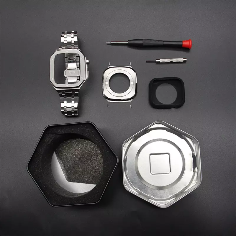 Luksusowa zestaw z modem do Apple Watch 8 7 etui 45mm 44mm metalowa ramka do iwatch serii 6 5 4 SE akcesoria