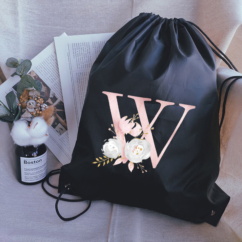 Bolsas con cordón para hombre, mochilas deportivas con estampado de letras rosas simples, pequeñas, de tela, personalizadas, color negro, mochila escolar para niños
