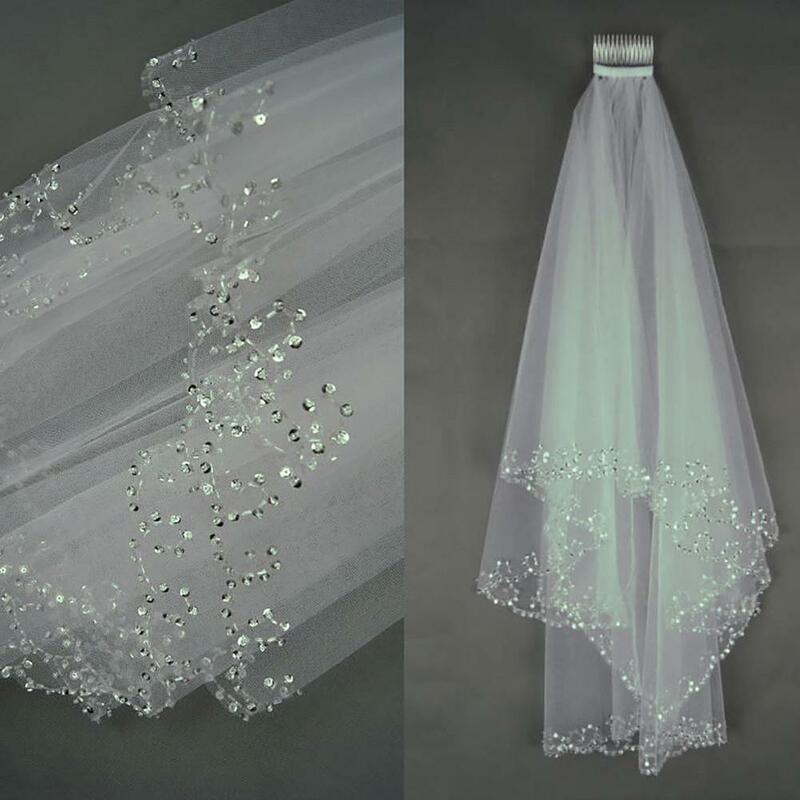 Weißer oder elfenbein farbener kurzer Hochzeits schleier mit Kristall kante mit Kamm 2 Perlen Braut Braut schleier
