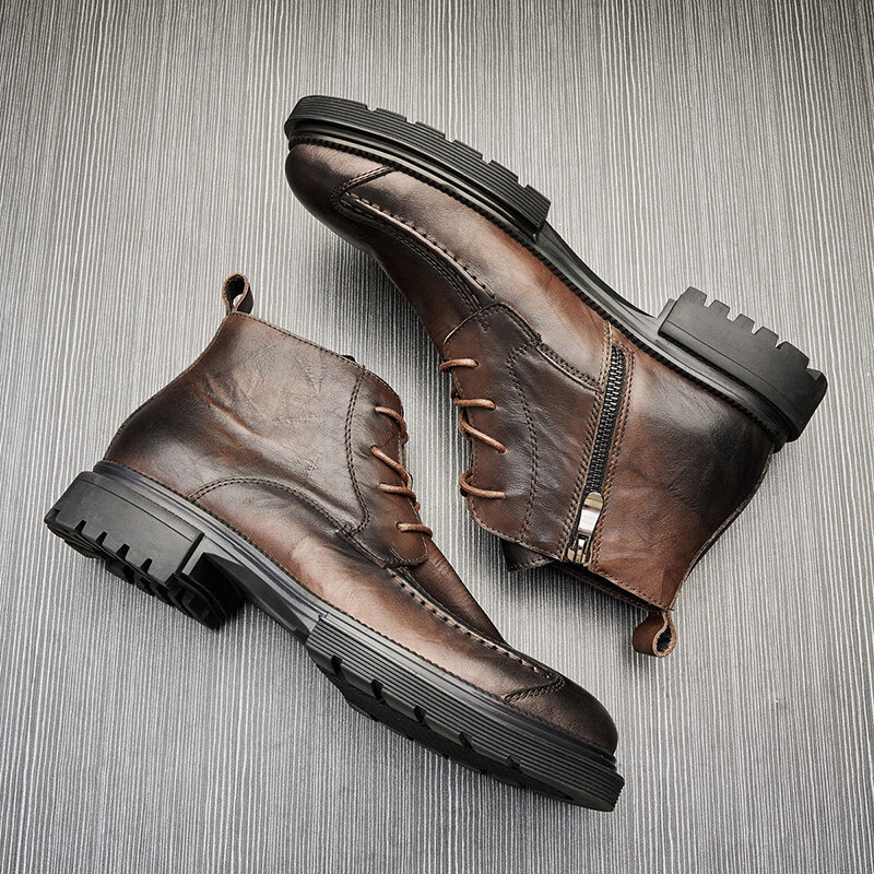 High Top Boots Men Leather Boot High-quality Outdoor Zipper Style Boots Male Round Toe Thick Sole Lace Up Botas For Men