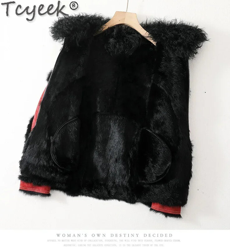 Jaqueta real de pele de coelho Tcyeek feminina, colarinho de lã quente, casacos Outerwear, inverno, novo, 2024