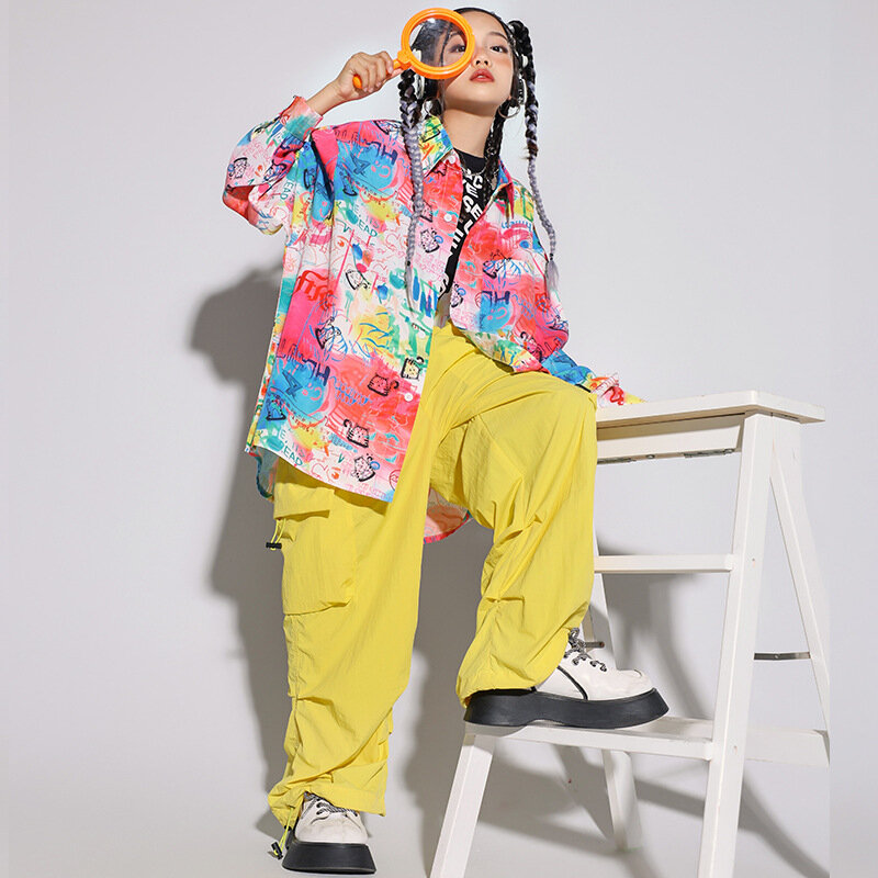 Kid Hip Hop abbigliamento manica lunga camicia Graffiti giallo Casual tasche larghe pantaloni Cargo per ragazza ragazzo Jazz Dance Costume vestiti
