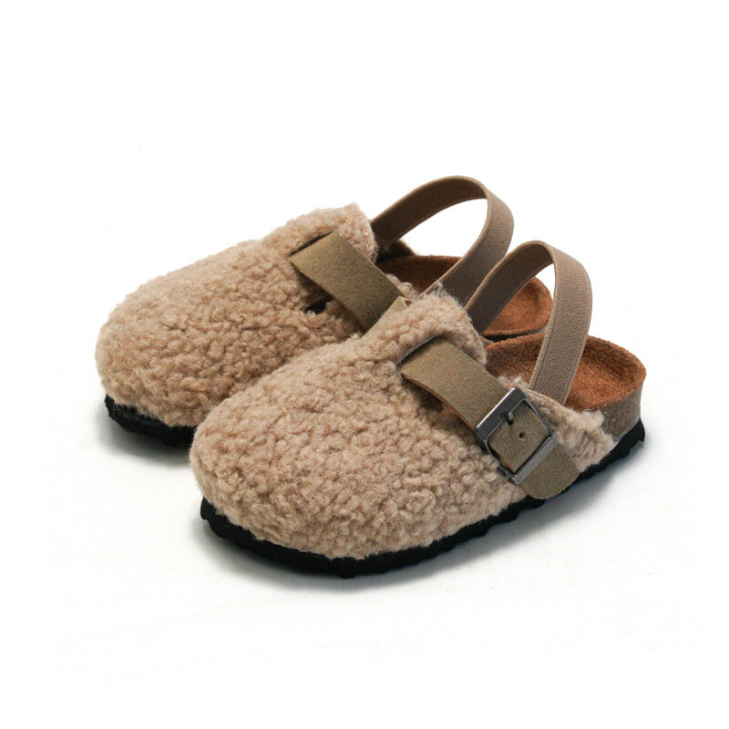 Sandal Anak Bayi Laki-laki Perempuan Berbulu Hangat Sandal Mewah Gabus Bulu Palsu Flat Balita Prewalker Sandal Tali Belakang Elastis