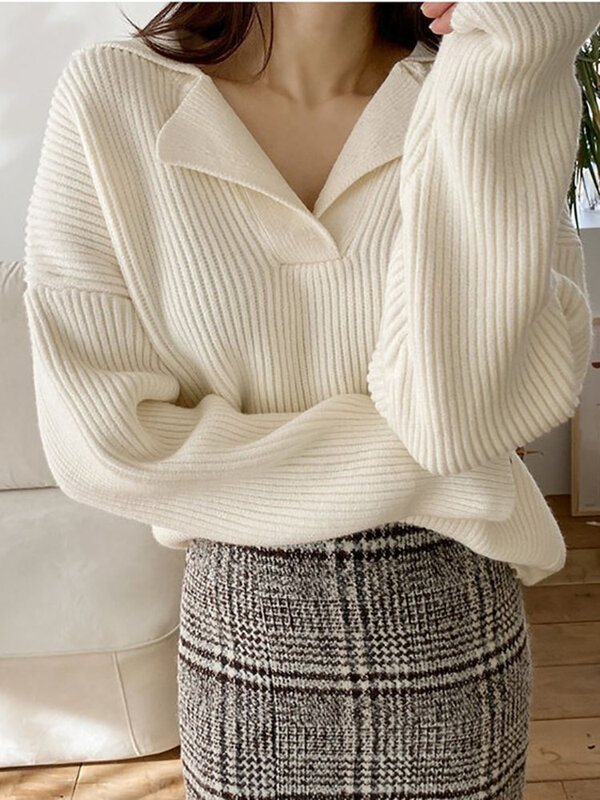WARMnew Oversize Pullovers Solid Sweater For Women Autumn Women Knitted Ribbed Loose Sweater V-neck Long-sleeved Jumpers Winter