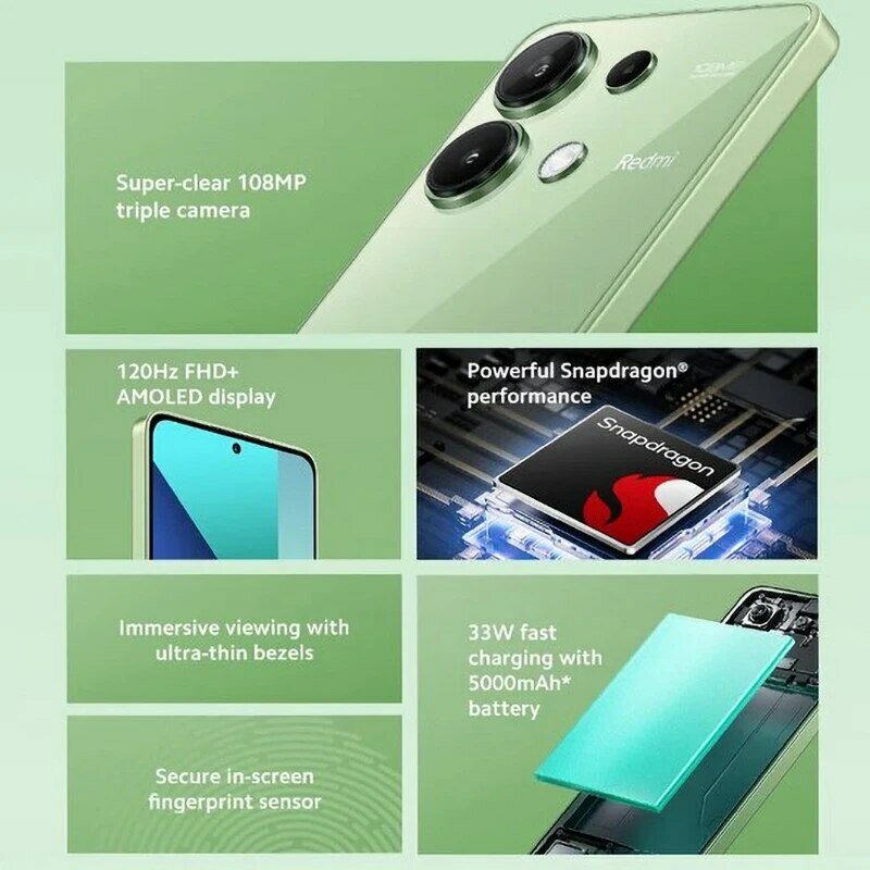 Wersja globalna Xiaomi Redmi Note 13 4G Telefon komórkowy 6,67 "ekran AMOLED 120 Hz Snapdragon 685 Octa Core CPU 108 MP Potrójny aparat