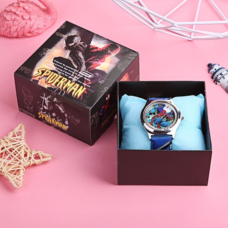 Patter gaya acak dengan kotak, jam tangan anak Disney Mickey, gambar anime Minnie Spiderman, jam tangan kuarsa, hadiah ulang tahun