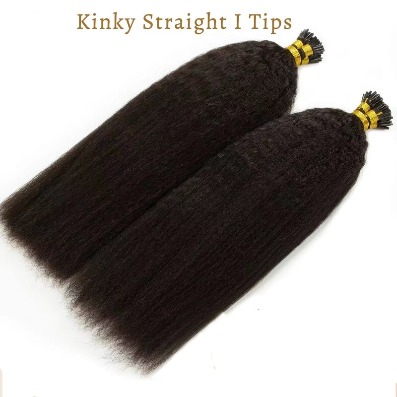 Yaki Kinky Straight Human Hair I Tip Microlinks Extensions Duble Drawn 100% Virgin Hair Fusion Hair Nail I Tip Natural Black