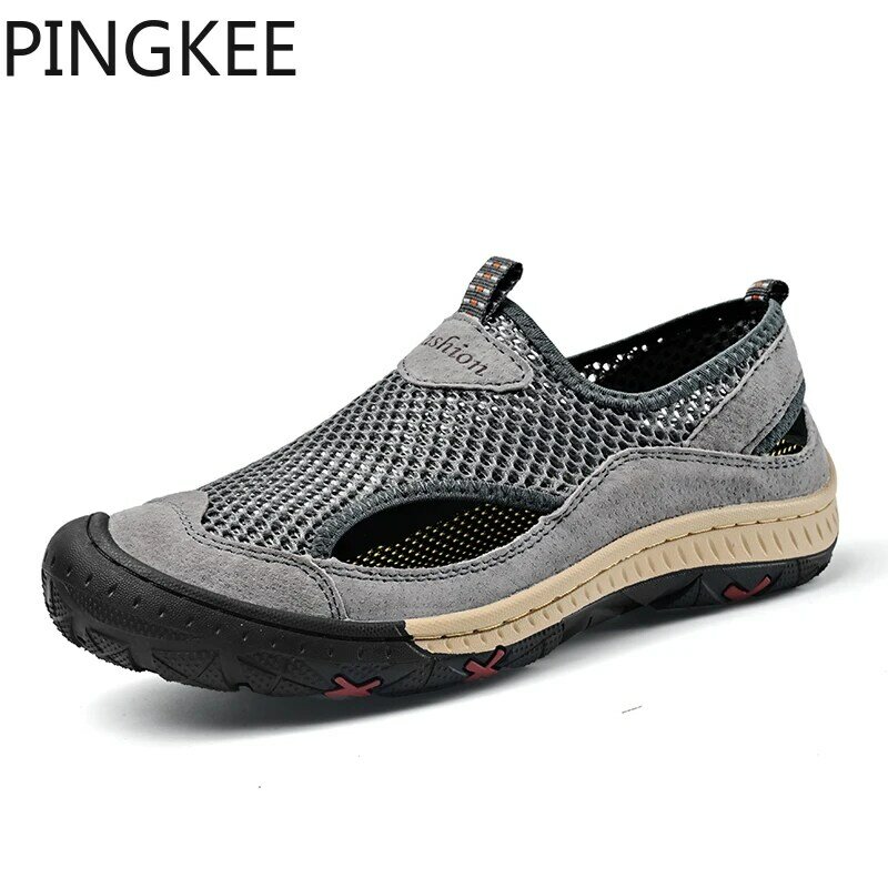 PINGKEY-Men's Round Toe Leather Grip Sneakers, Malha Superior, Trilha, Trekking, Mochila, Sandálias de Caminhadas, Vadeando Sapatos