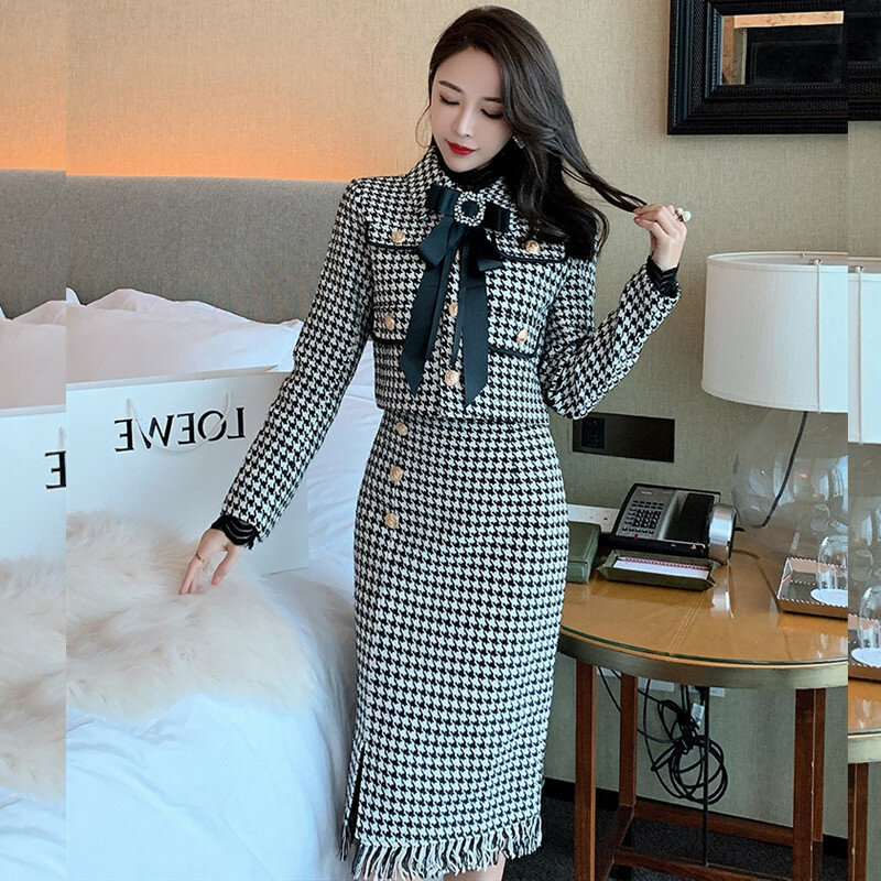 2022 Autumn Winter Houndstooth Women 2pc Skirt Sets Temperament Korea Style  Two-piece Suit Female Long Sleeve Bowtie Coat+Skirt