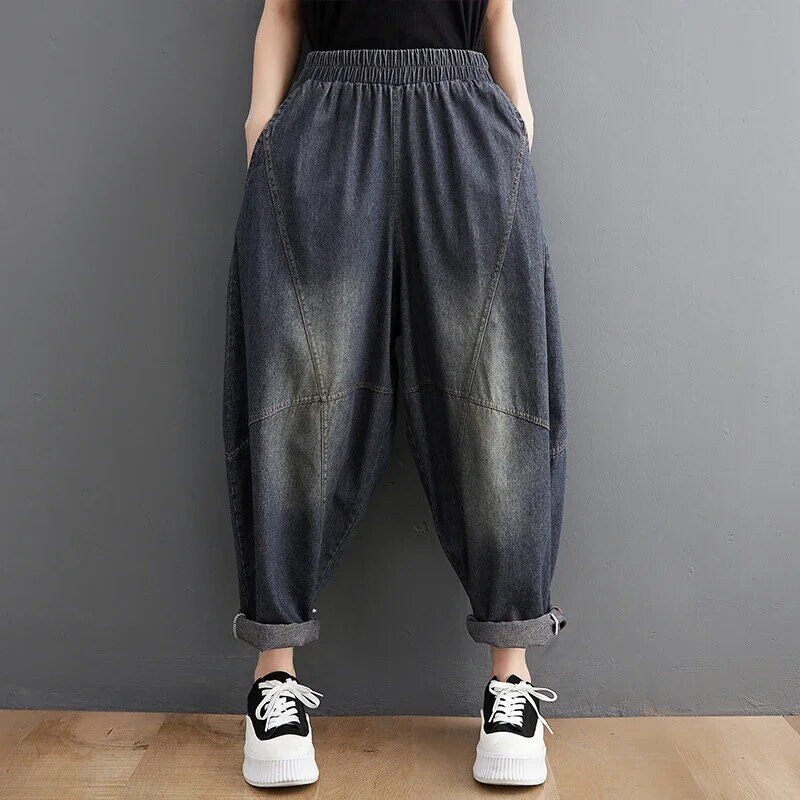Женские свободные брюки с эластичным поясом, повседневные джинсовые брюки с карманами, модель S639 на весну и лето, 2024