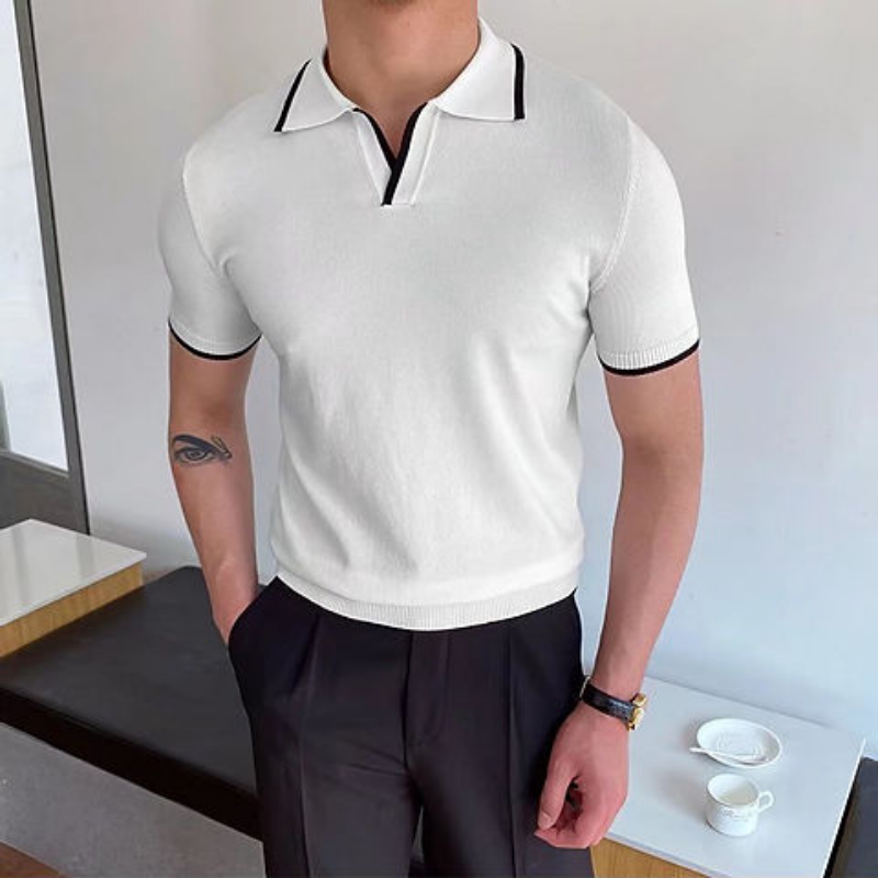 Kaos Polo berpanel kasual untuk pria, atasan kerah Lapel tambal sulam serbaguna lengan pendek ramping elastis untuk pria musim panas