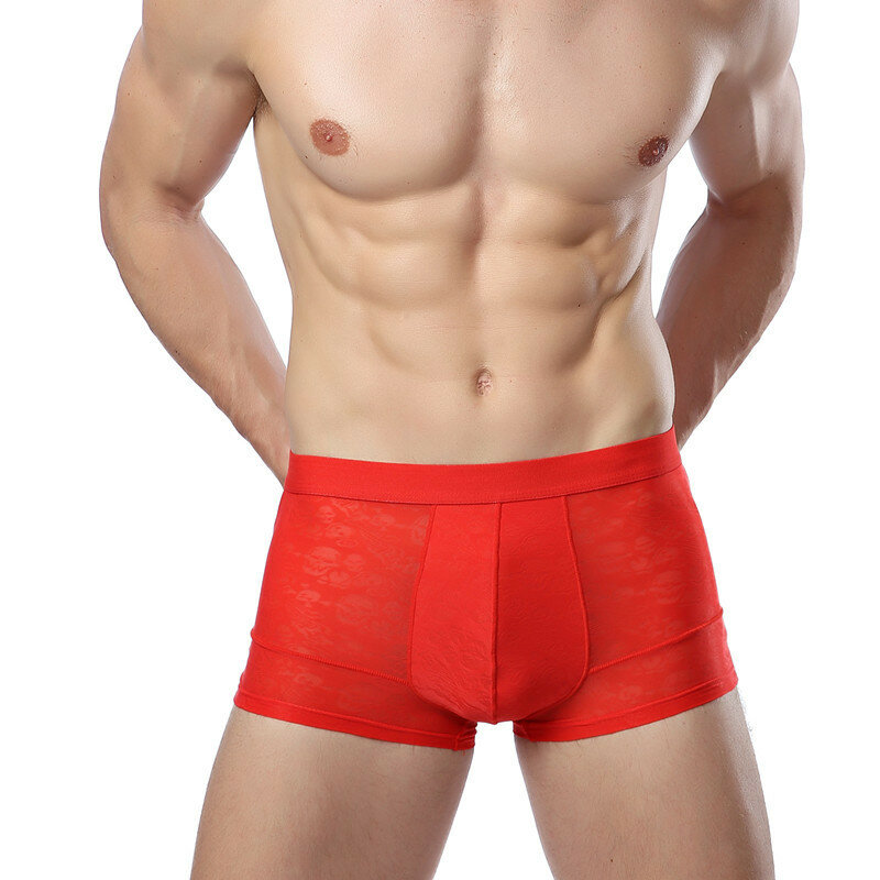 Celana dalam Boxer pria, celana dalam sutra dingin berongga Ultra tipis bernafas warna polos untuk lelaki