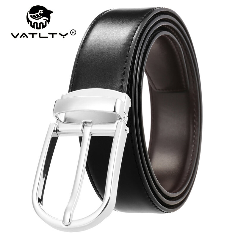 VATLTY جديد الرجال عكسها حزام جلد البقر الطبيعي الصلب سبائك الزنك الفضة مشبك براون حزام جلد طبيعي بنطلون حزام الذكور