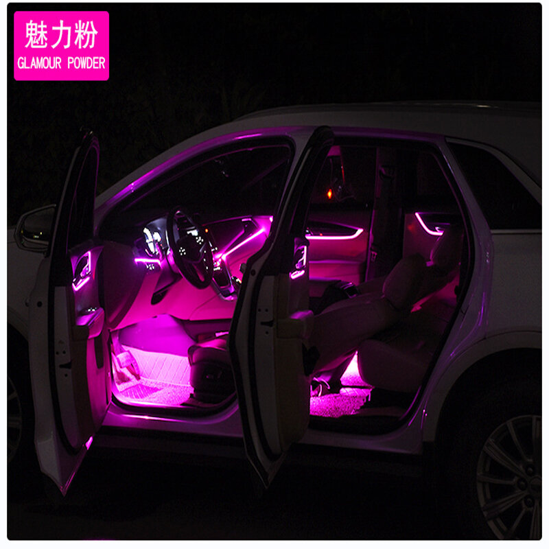 Interior decorativa RGB LED fibra luz ambiente, acessórios carro, App, luzes atmosfera