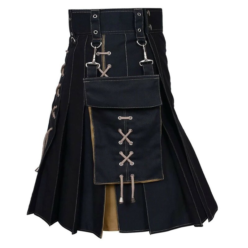 Falda escocesa de algodón y tartán para hombre, pantalón utilitario con correas de cuero, color negro, talla grande