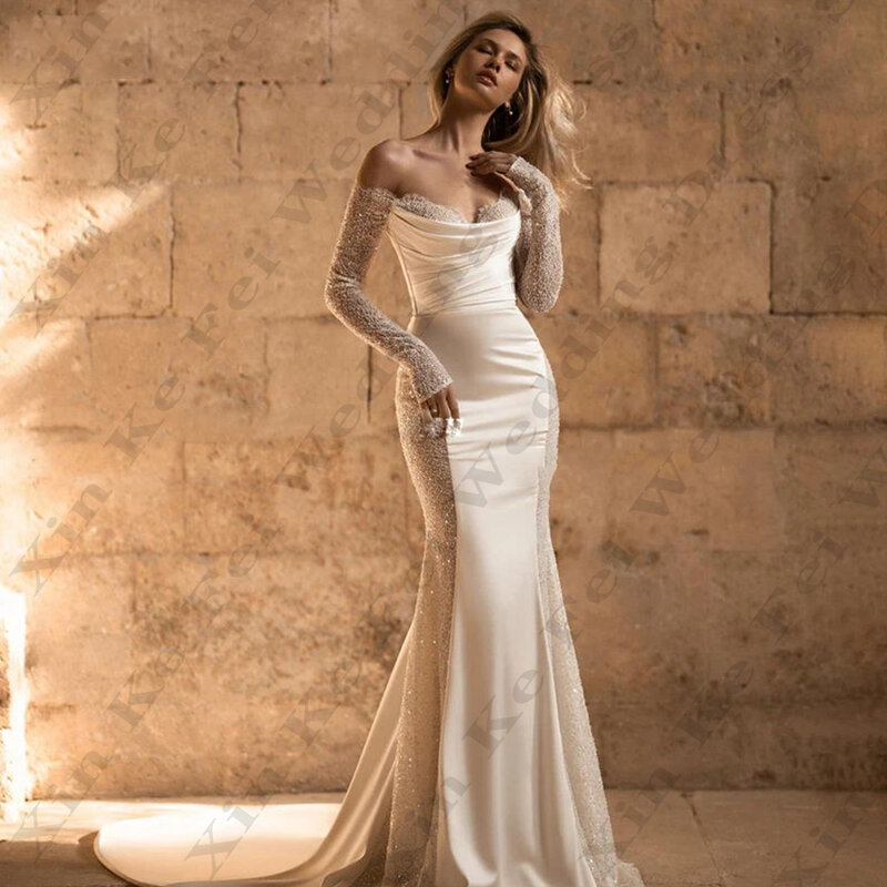 Gaun pengantin Backless seksi untuk wanita Satin cantik elegan bahu terbuka lengan panjang pelangsing sederhana mengepel gaun pengantin