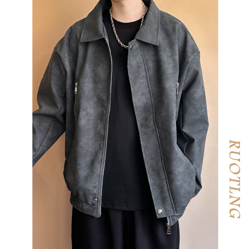 Jaqueta de couro de luxo masculina, estilo motocicleta retrô, casaco solto personalizado, moda coreana, roupas de rua, jaqueta masculina