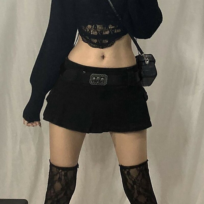 Minifaldas góticas de tiro bajo para mujer, faldas de medio cuerpo con bolsillos, Estilo Vintage Harajuku, ropa de calle Y2K, color negro